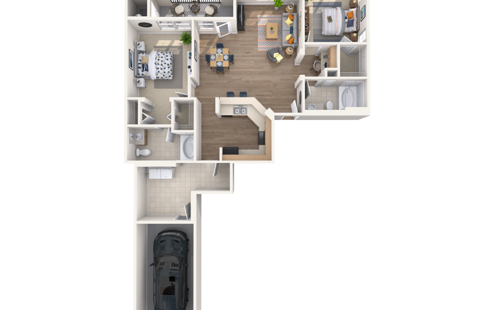 B4G - 2 bedroom floor plan layout with 2 bathrooms and 1086 square feet (3D)