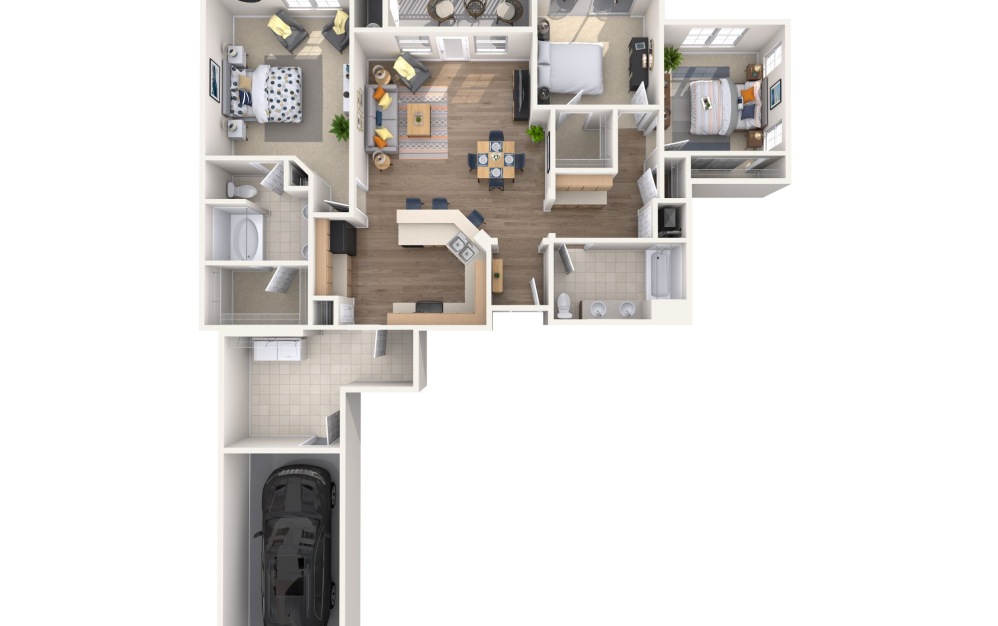 C2G - 3 bedroom floor plan layout with 2 bathrooms and 1433 square feet (3D)